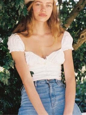 With Jean Louie Top White Puff Sleeve Button-Front Women's Top M